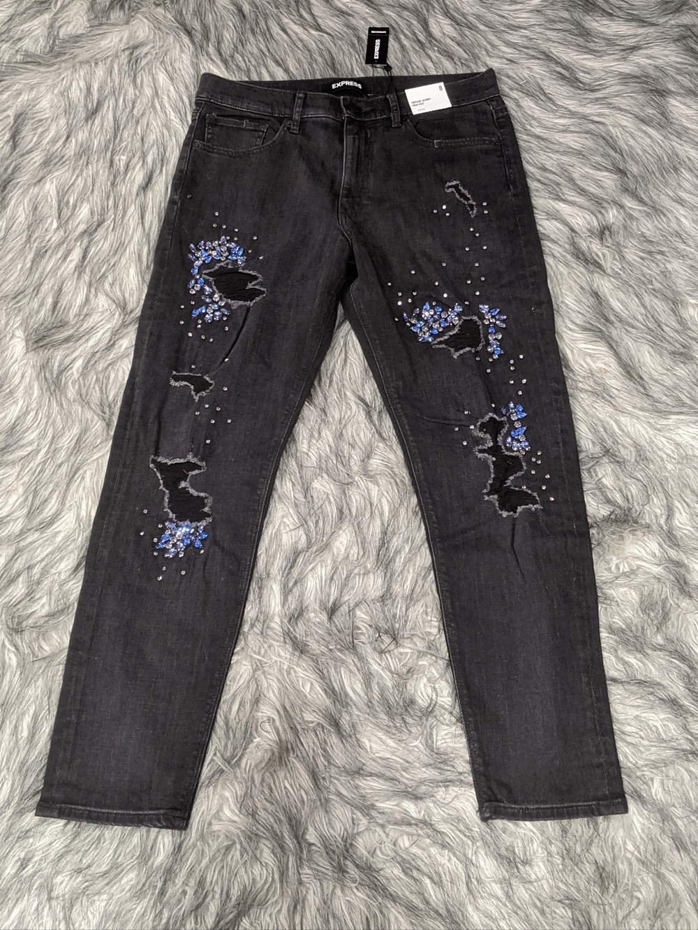 NWT Express Vintage Skinny High Rise  Black Distressed Embellished Jeans